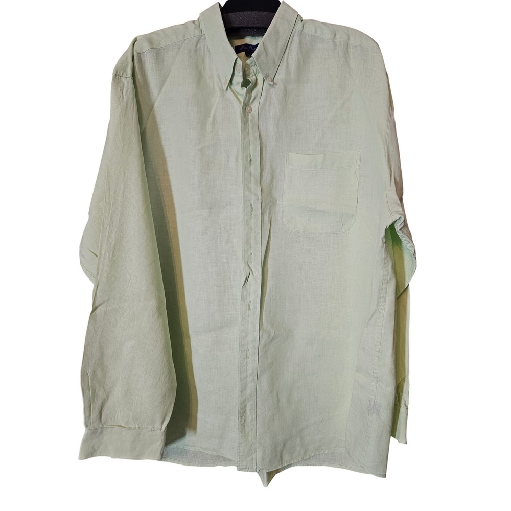 Alan Flusser Mens XXL Linen Button Down Shirt Mint Green Long Sleeve Casual
